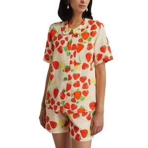 NEW HELMSTEDT strawberry-print linen-blend shirt in beige